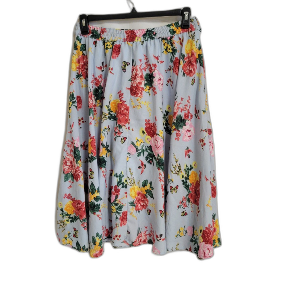 Floral A-Line Midi Skirt Light Blue with Red Pink Yellow Rose Pattern/Bow Belt M